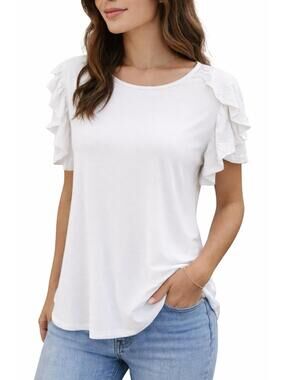 Hailey & Co Blouse NWOT White Ruffle Sleeve Blouse Soft Stretch USA Rayon Spande